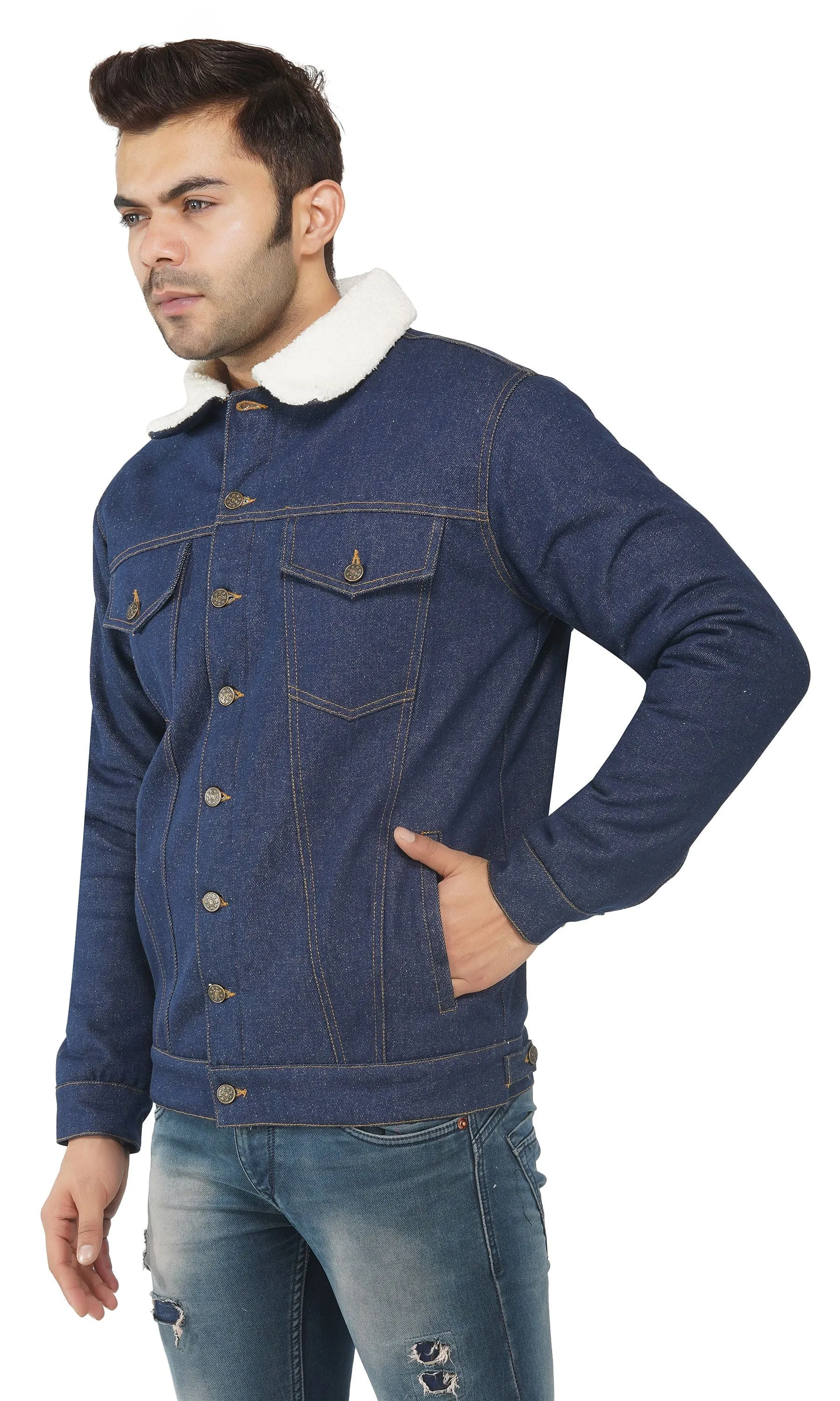 SLAY. Men's Winter Wear Navy Blue Cotton Biker Faux Fur Denim Jacket with SLAY. Embroidered on the back