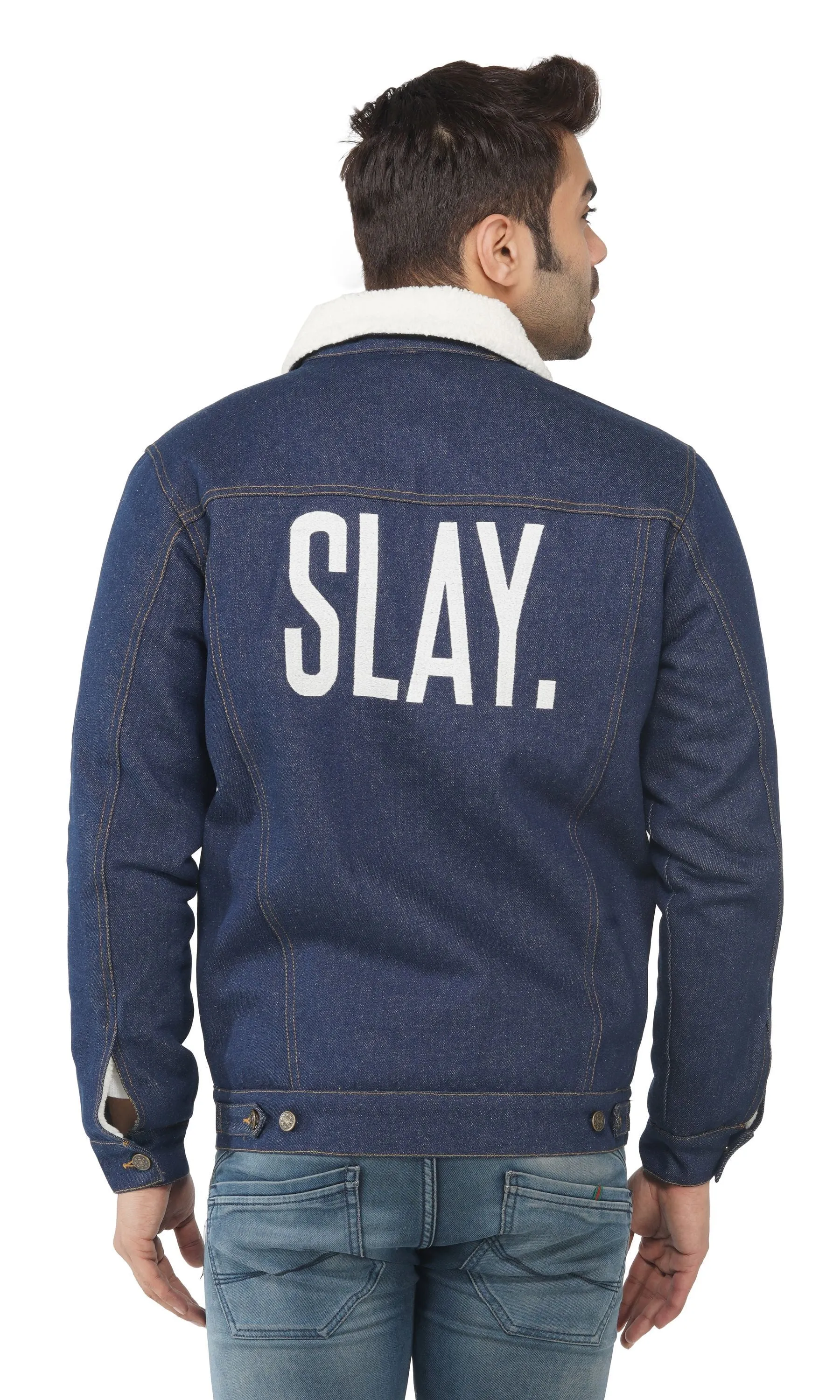 SLAY. Men's Winter Wear Navy Blue Cotton Biker Faux Fur Denim Jacket with SLAY. Embroidered on the back