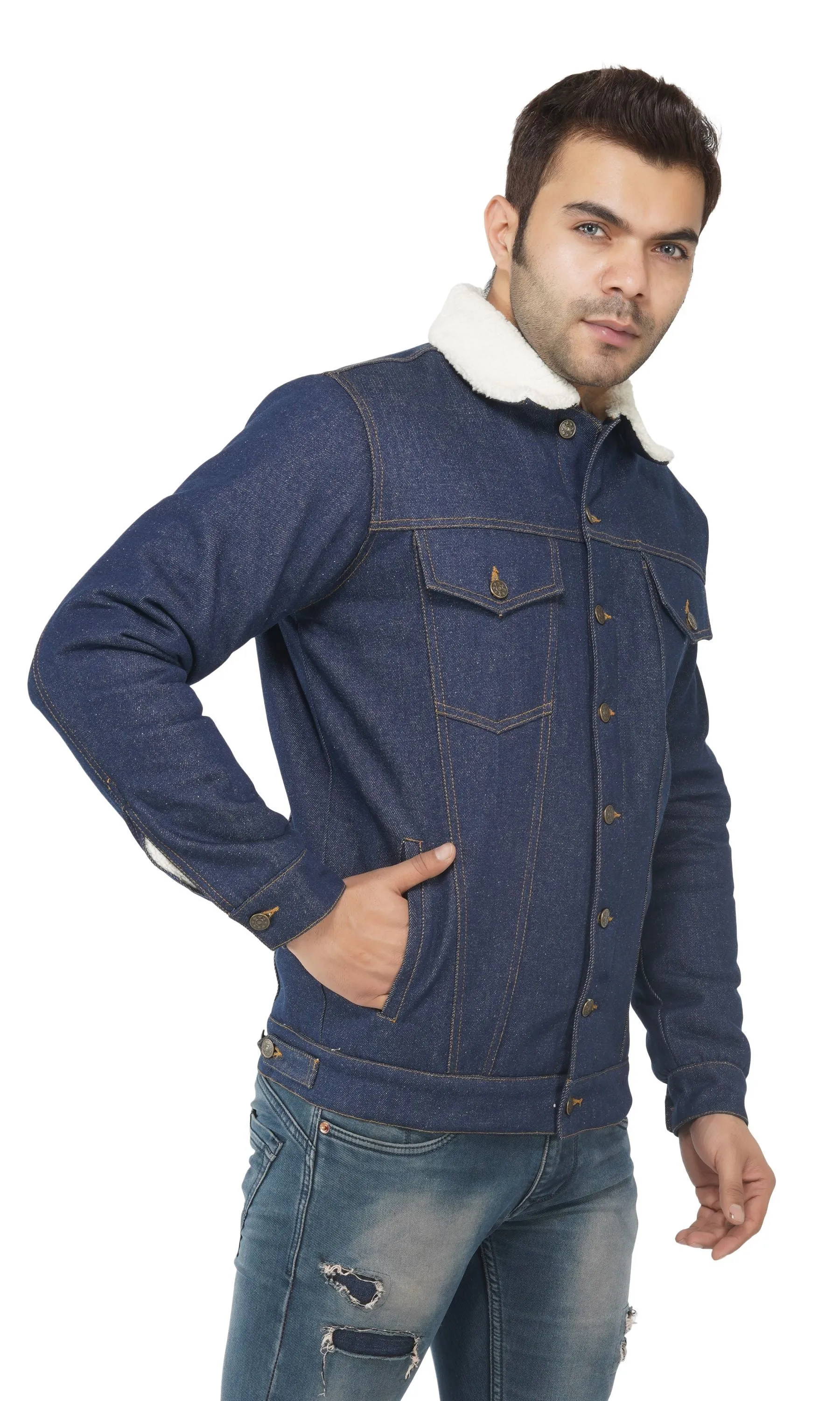 SLAY. Men's Winter Wear Navy Blue Cotton Biker Faux Fur Denim Jacket with SLAY. Embroidered on the back