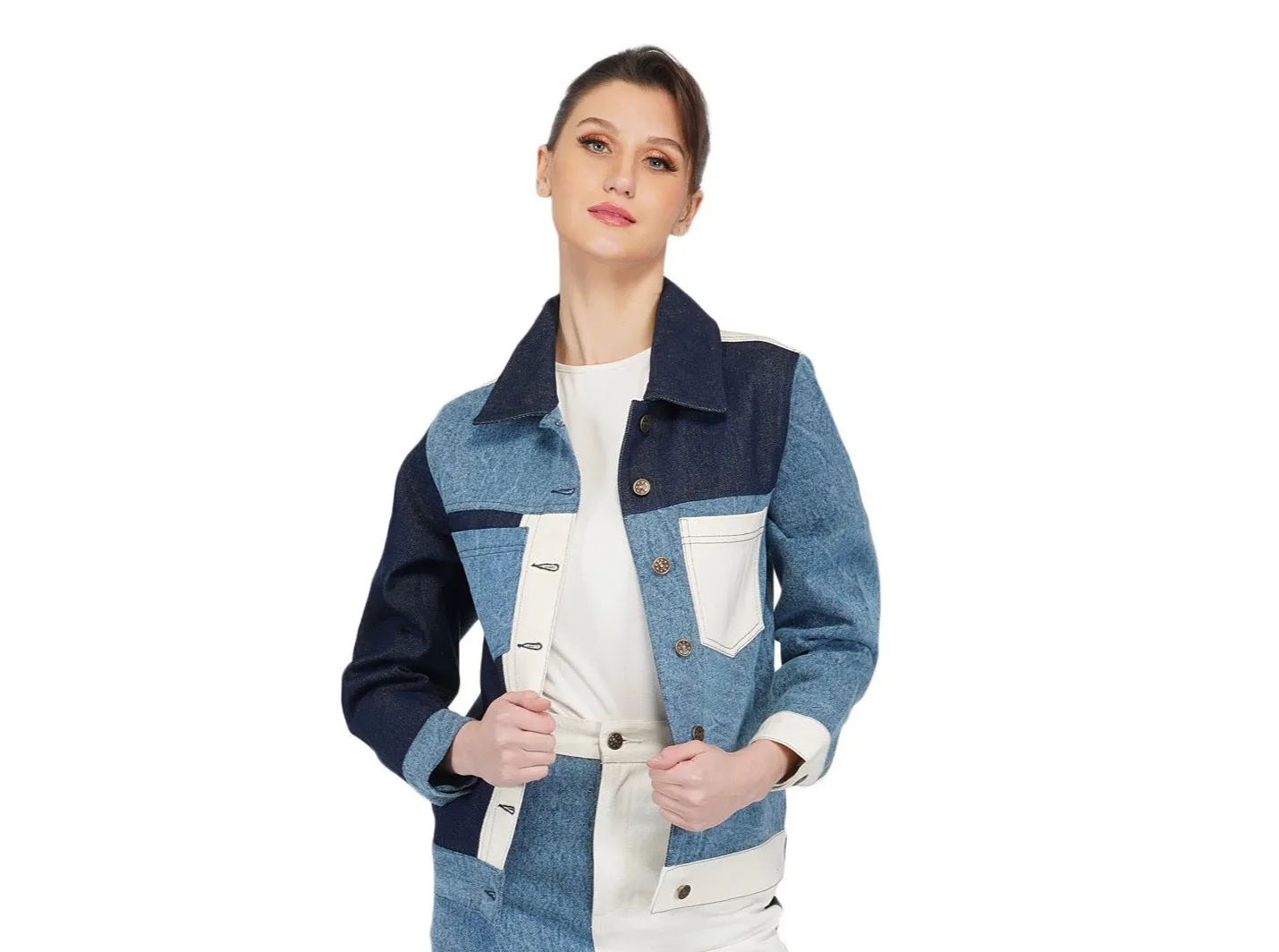 SLAY. Women's Blue White Colorblock Denim Jacket