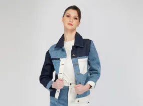 SLAY. Women's Blue White Colorblock Denim Jacket