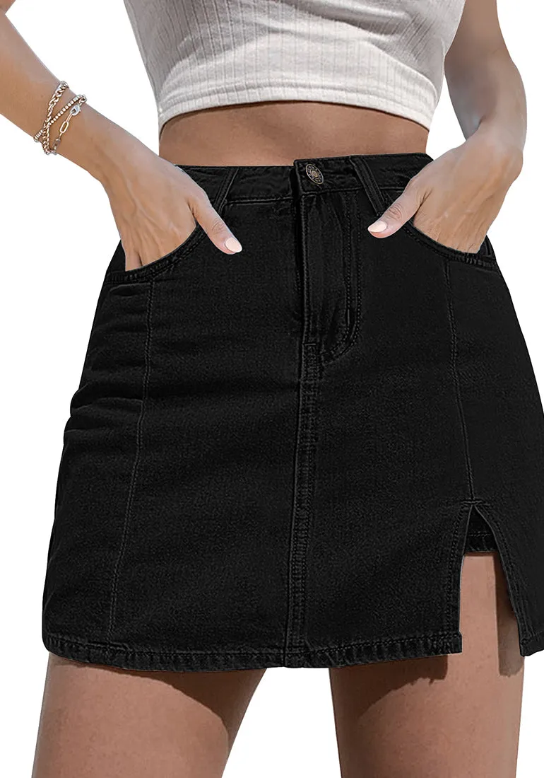 Soft Black Women's Brief Denim High Waisted Skirt Split Hem Stretch