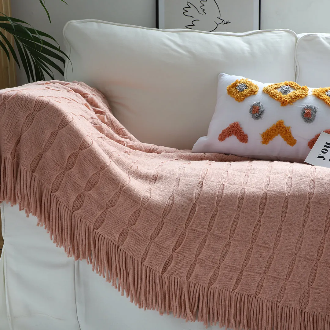 SOGA Pink Textured Knitted Throw Blanket Warm Cozy Woven Cover Couch Bed Sofa Home Decor with Tassels