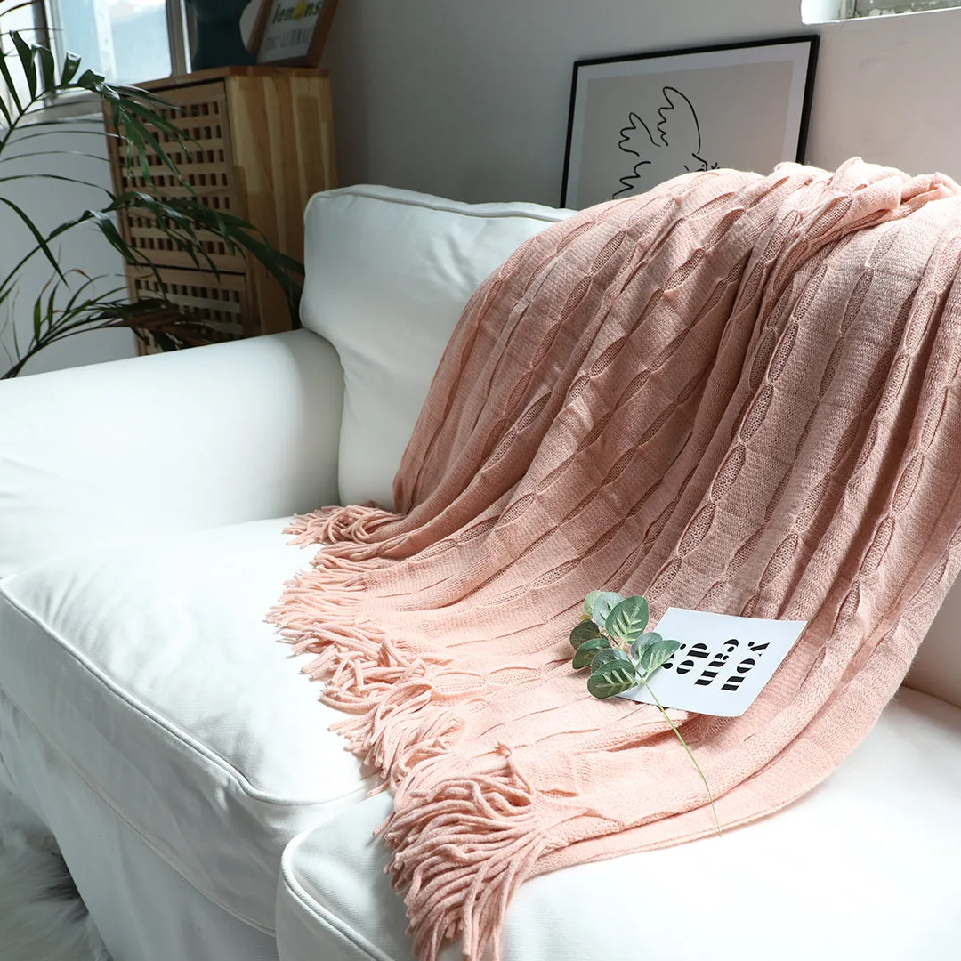 SOGA Pink Textured Knitted Throw Blanket Warm Cozy Woven Cover Couch Bed Sofa Home Decor with Tassels