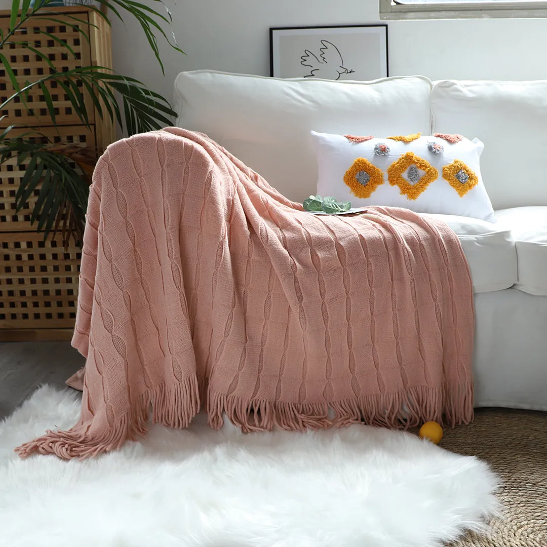 SOGA Pink Textured Knitted Throw Blanket Warm Cozy Woven Cover Couch Bed Sofa Home Decor with Tassels