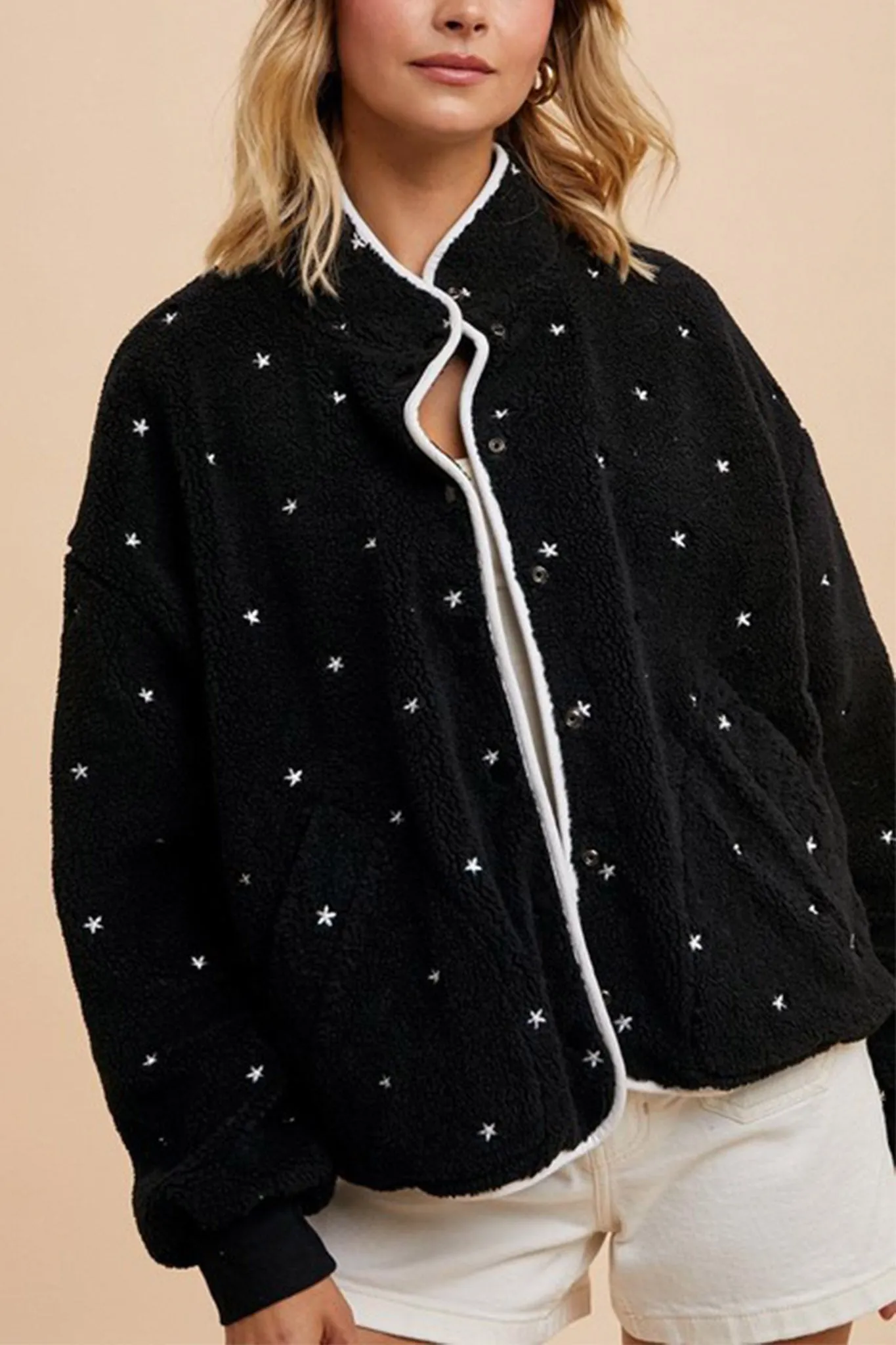 Speckled Embroidered Sherpa Jacket in Black