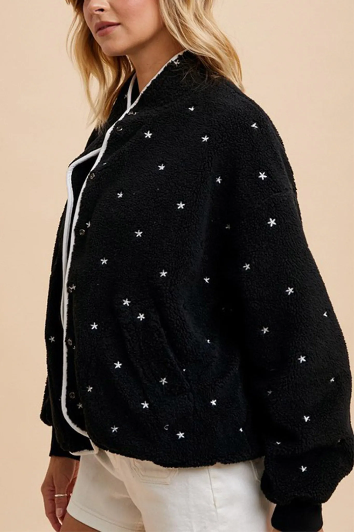 Speckled Embroidered Sherpa Jacket in Black