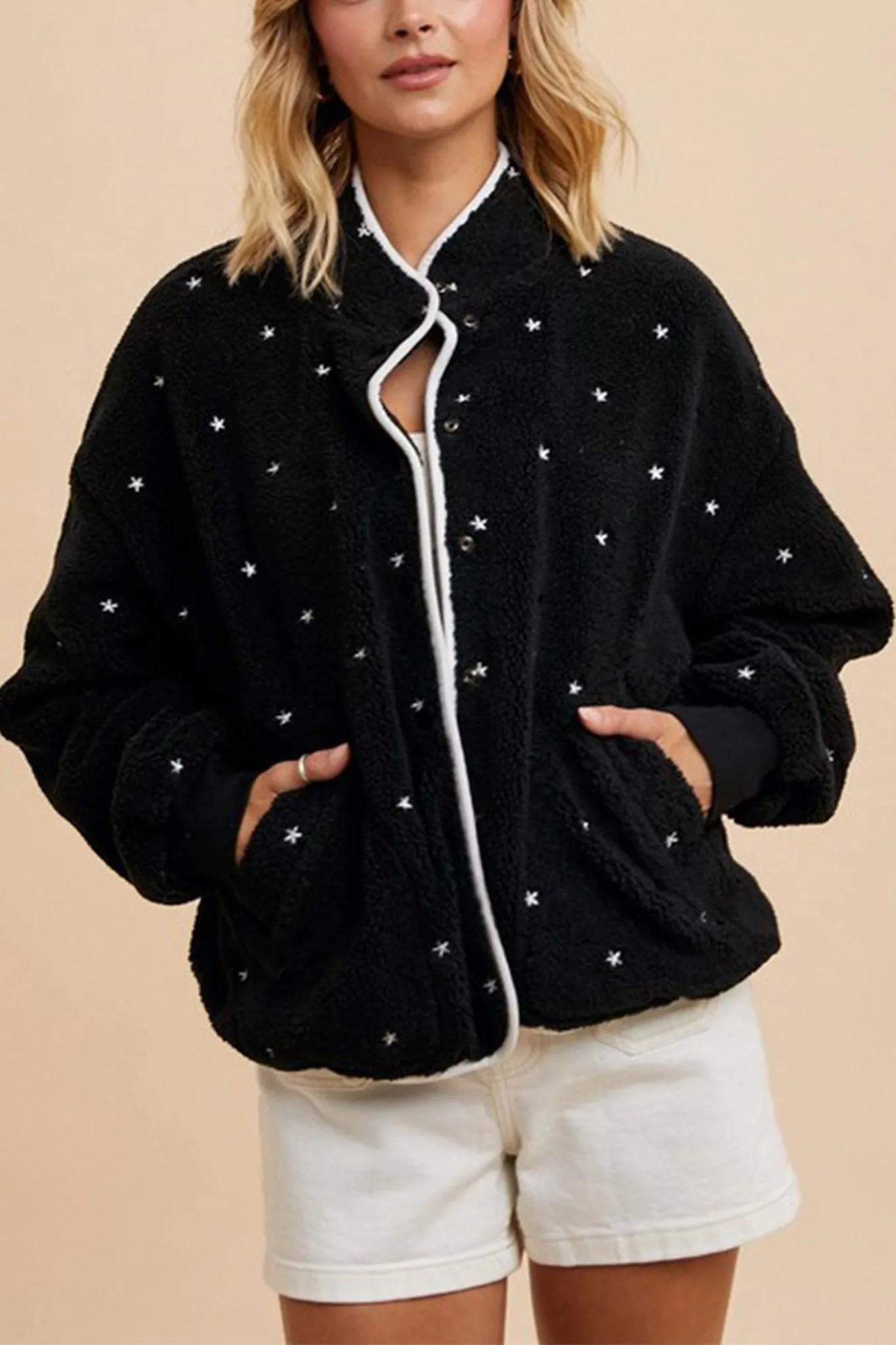 Speckled Embroidered Sherpa Jacket in Black