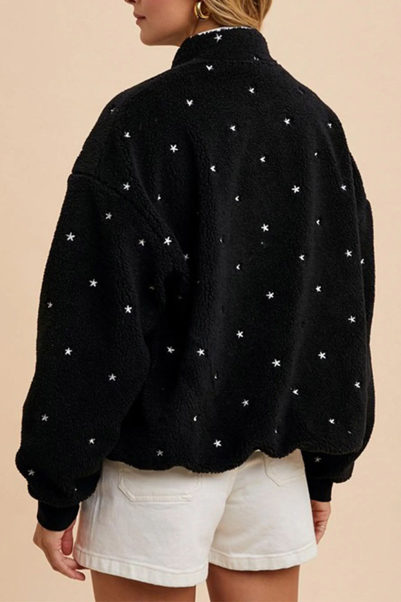 Speckled Embroidered Sherpa Jacket in Black