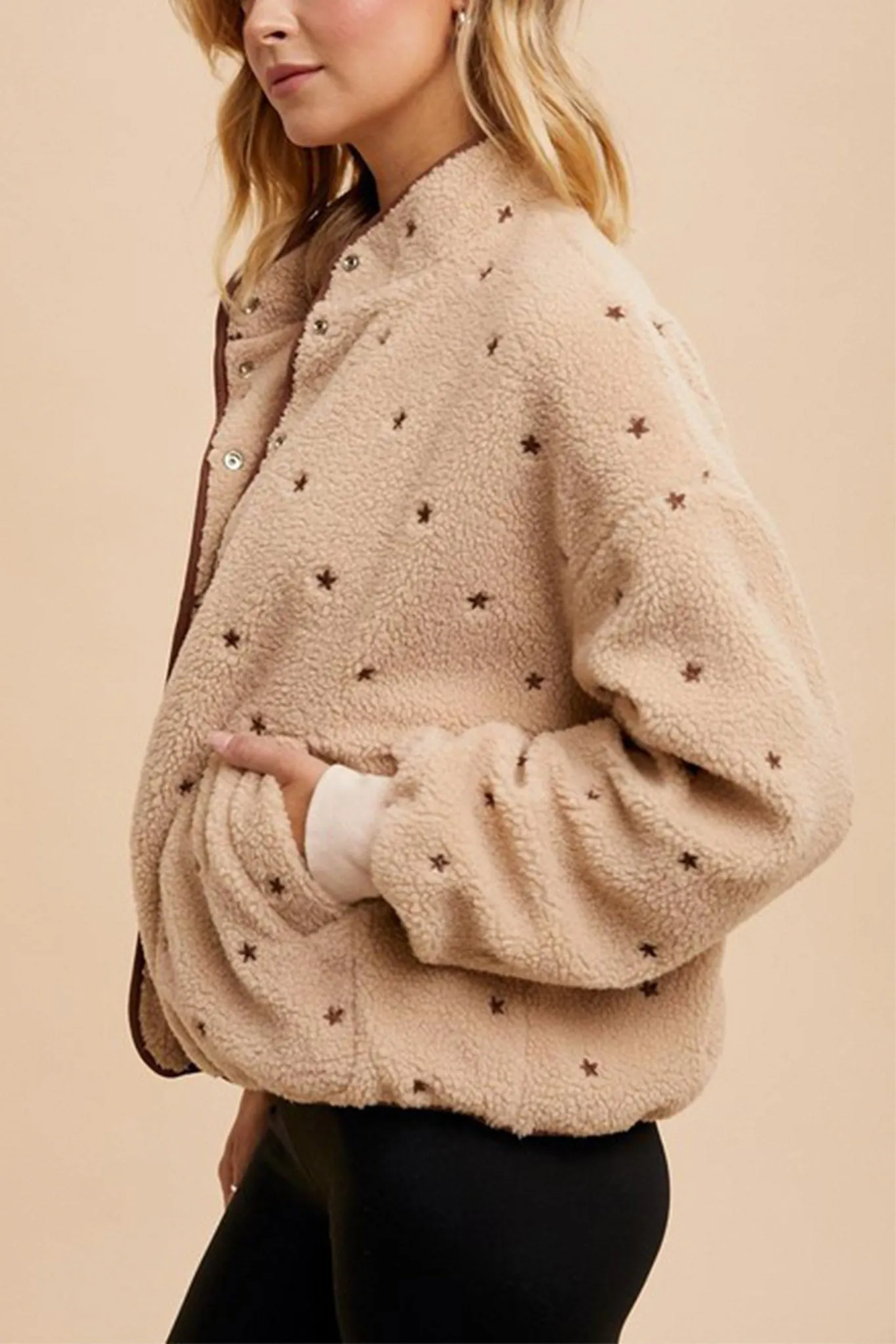 Speckled Embroidered Sherpa Jacket in Natural