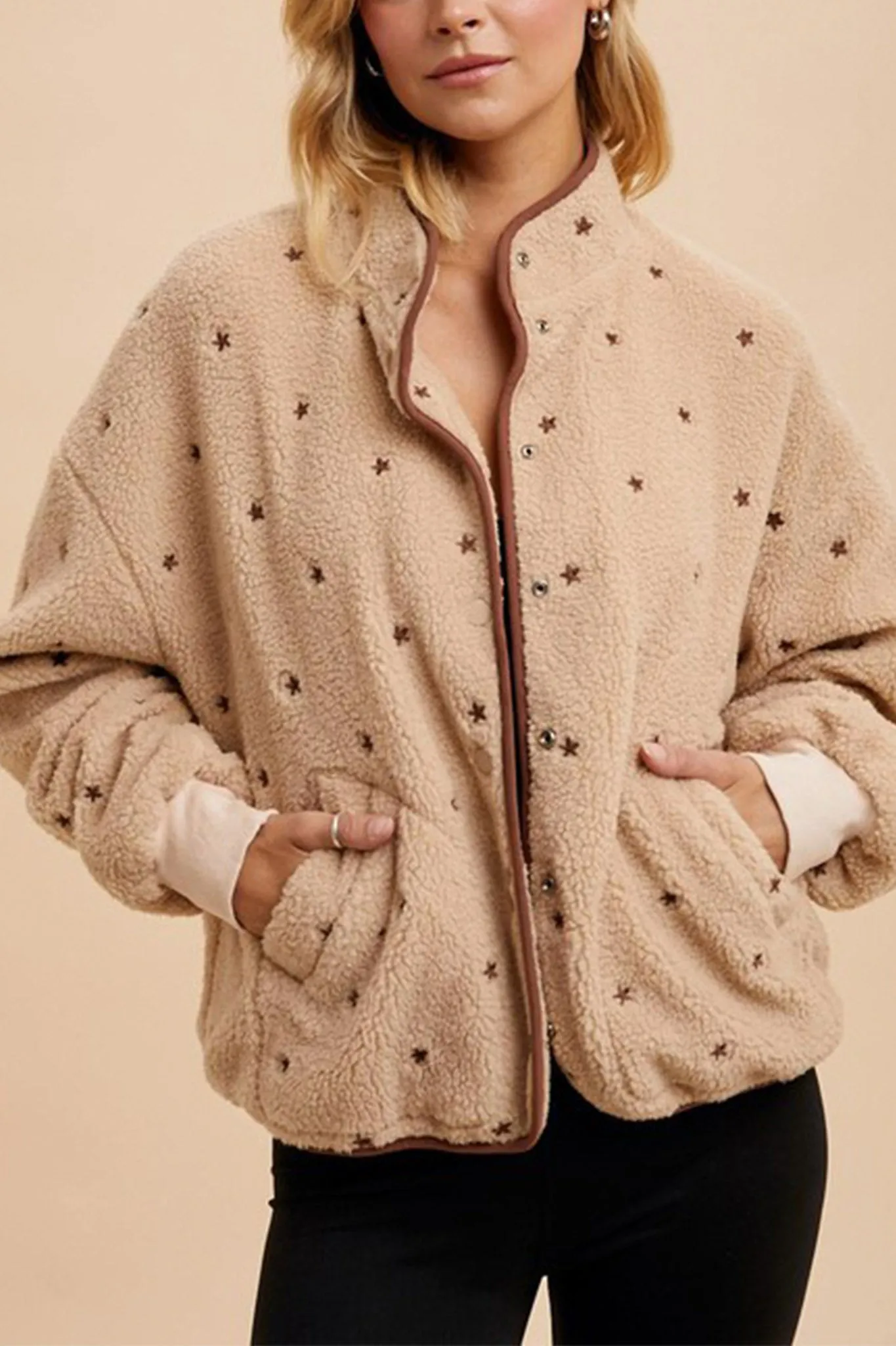 Speckled Embroidered Sherpa Jacket in Natural