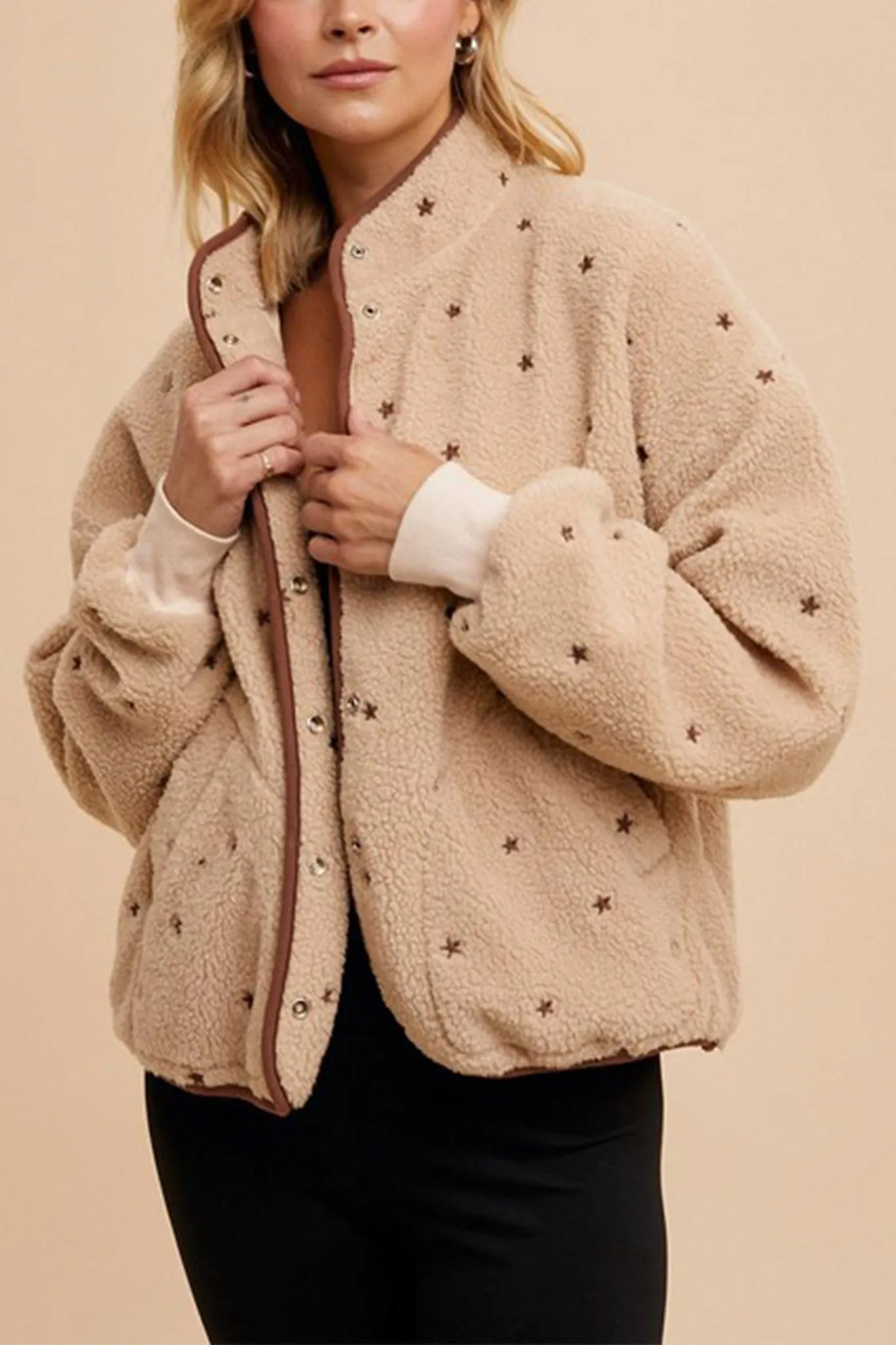 Speckled Embroidered Sherpa Jacket in Natural