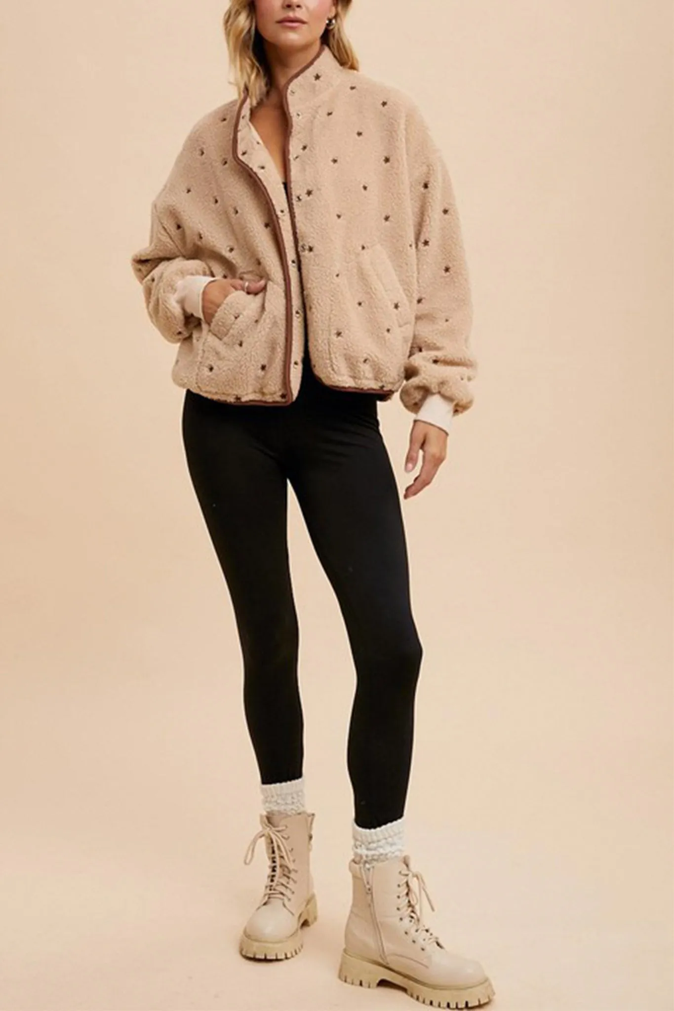 Speckled Embroidered Sherpa Jacket in Natural