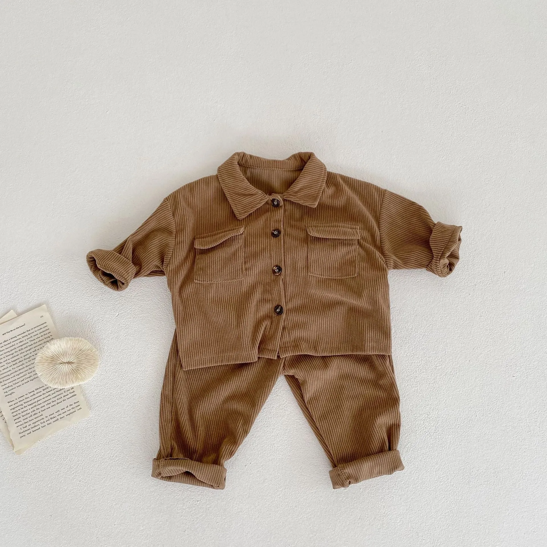 Spring And Autumn Infant Boys And Girls Baby Lapel Cardigan Coat Pants Corduroy Two-piece Set