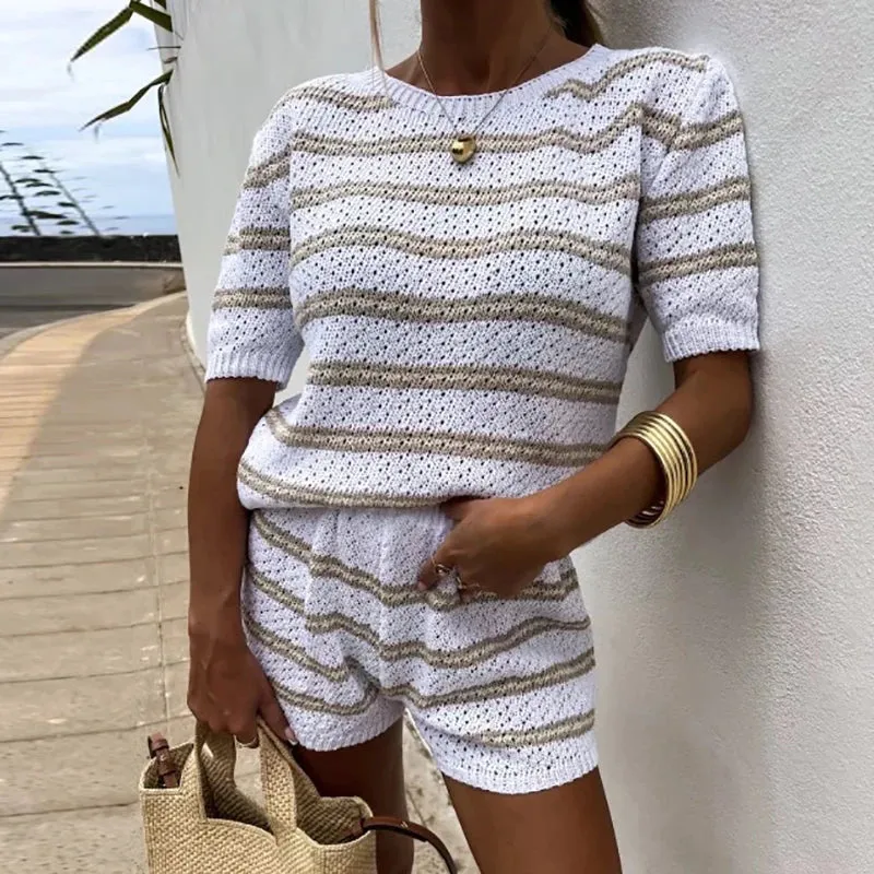 Striped Knitted Summer O-neck Fashion Color Blocking Slim Fit Beach New Set