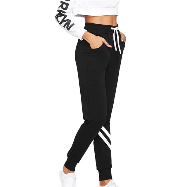 Striped Trim Palazzo Sweatpants - Black