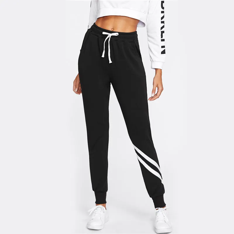 Striped Trim Palazzo Sweatpants - Black