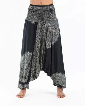 Unisex Floral Mandalas Drop Crotch Jumpsuit Harem Pants in Black