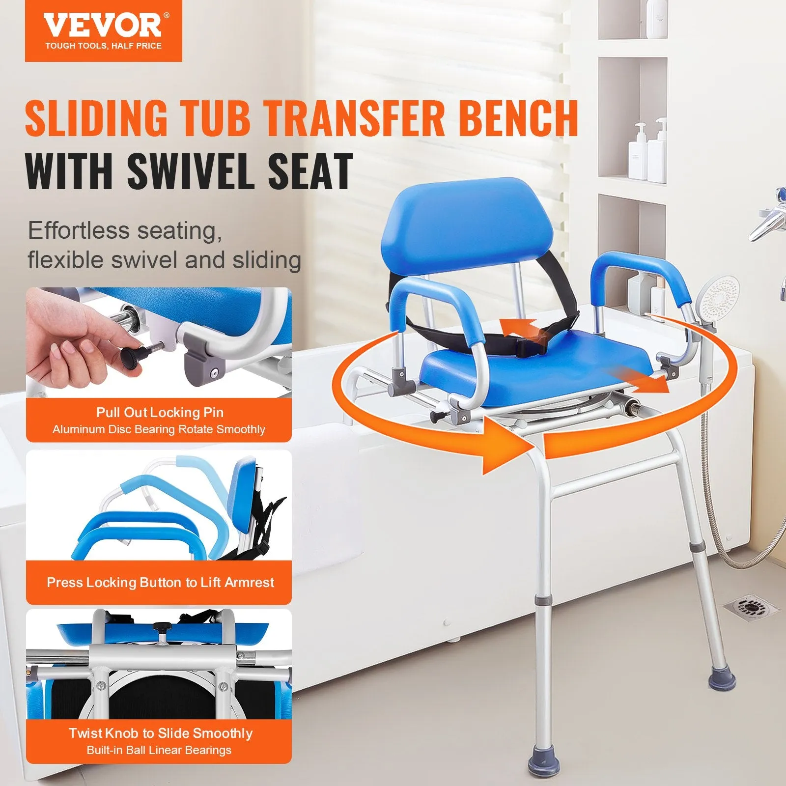 Vevor Shower Bench Sliding Tub Transfer Chair with 360° Swivel Seat Adjustable Height 330 Lbs Capacity New