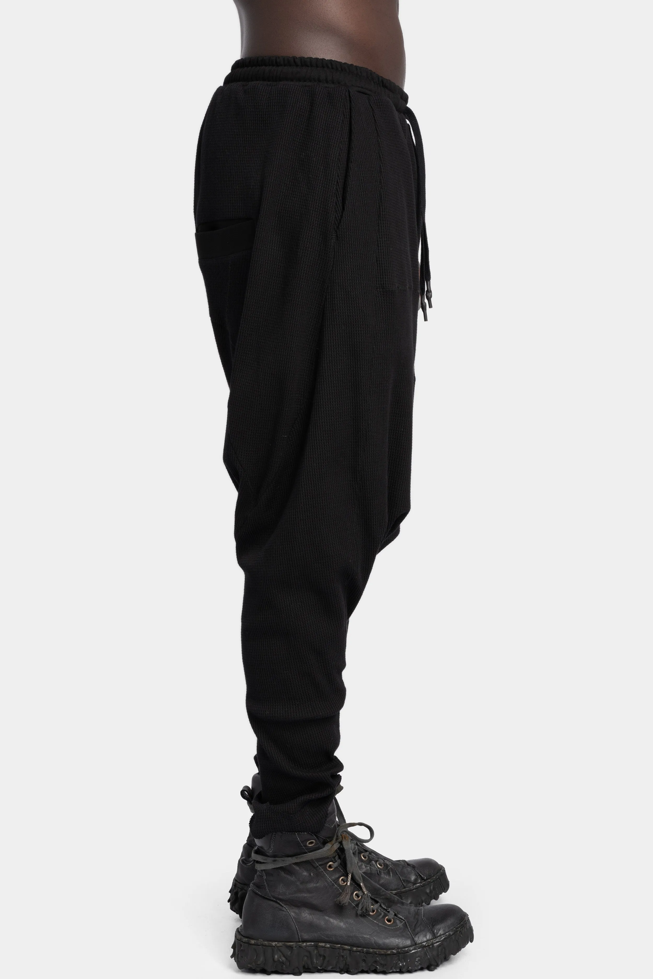 Waffle cotton drop crotch sweatpants, Black