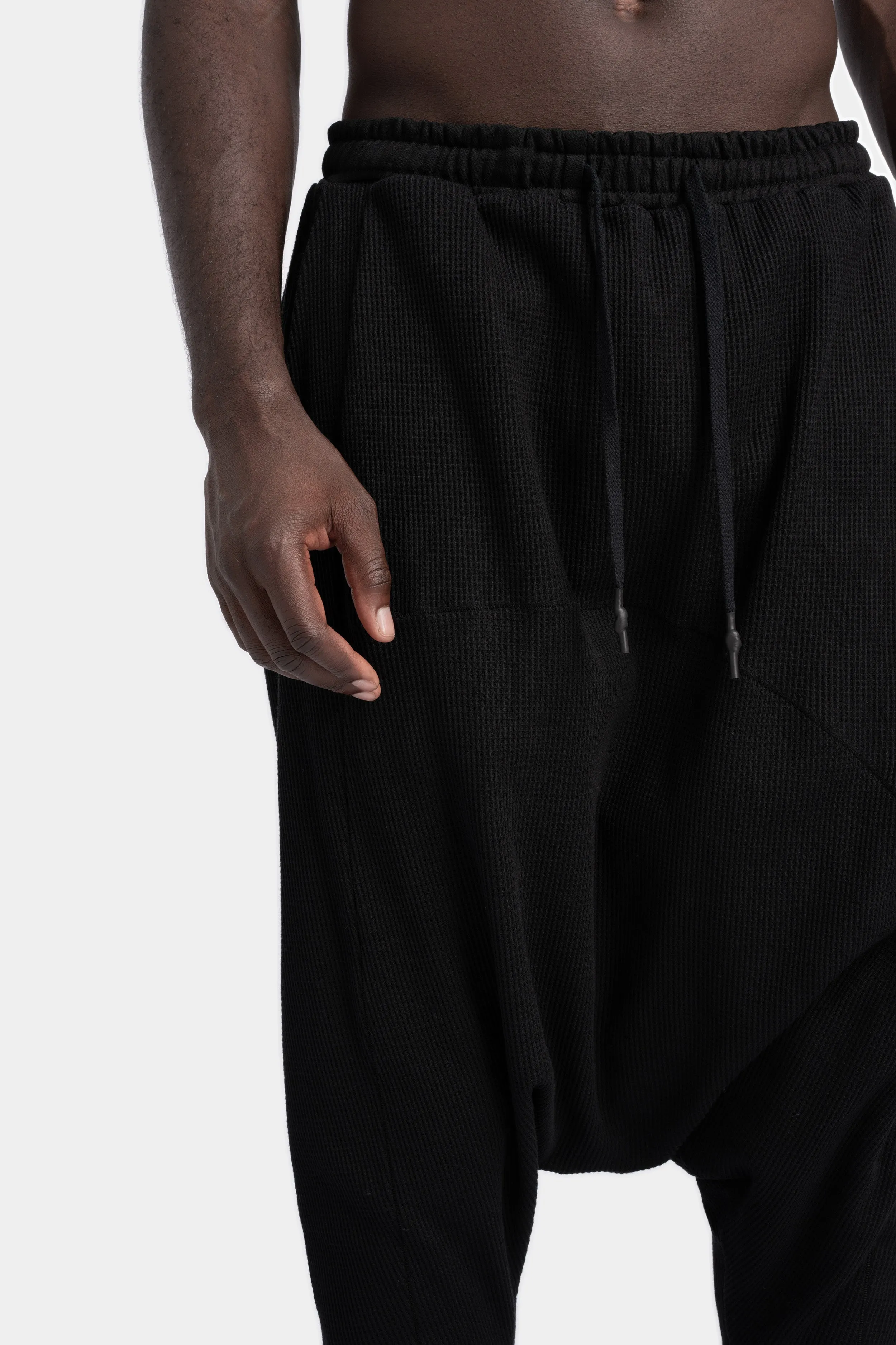 Waffle cotton drop crotch sweatpants, Black