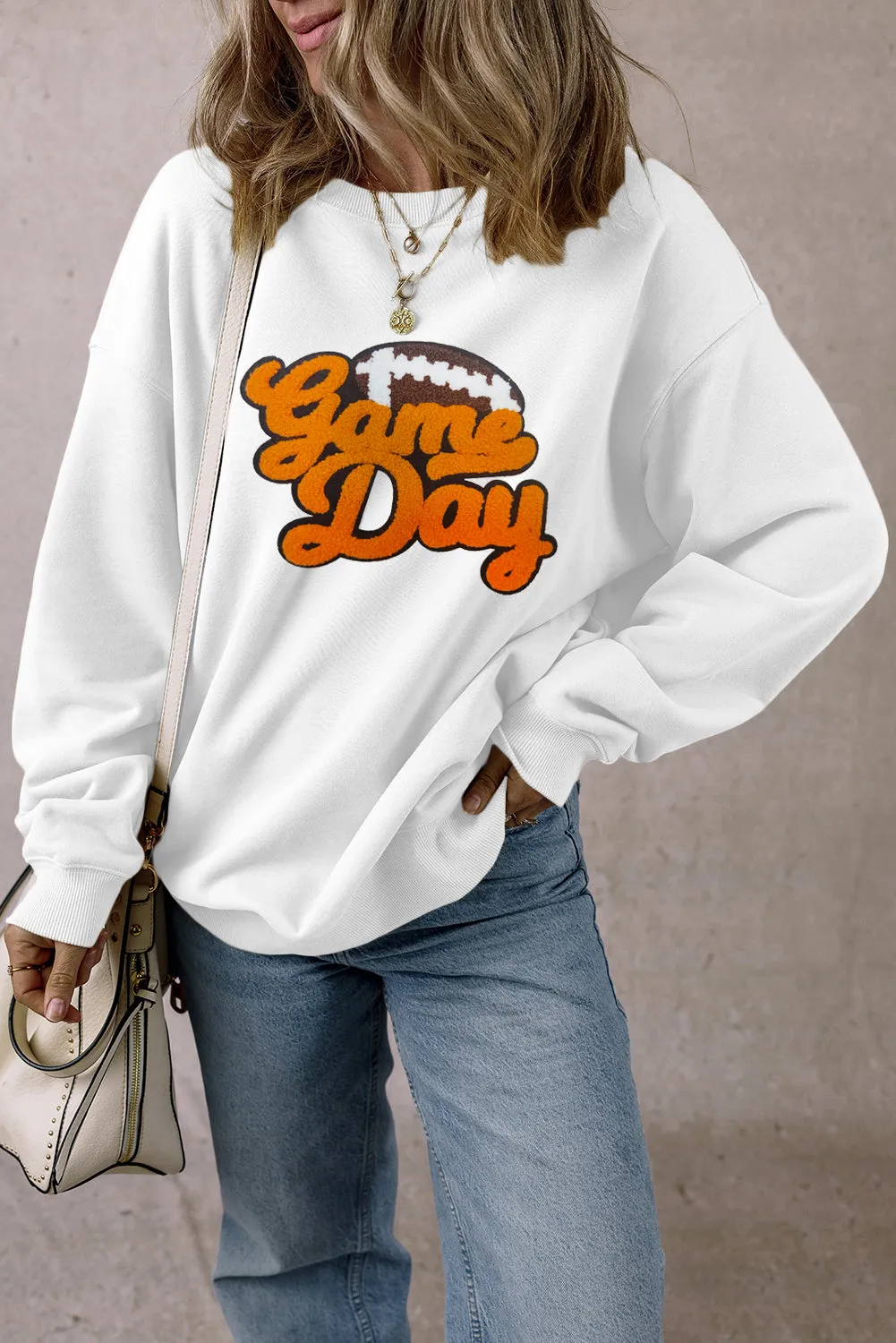 White Chenille Game Day Rugby Football Pattern Pullover Sweatshirt