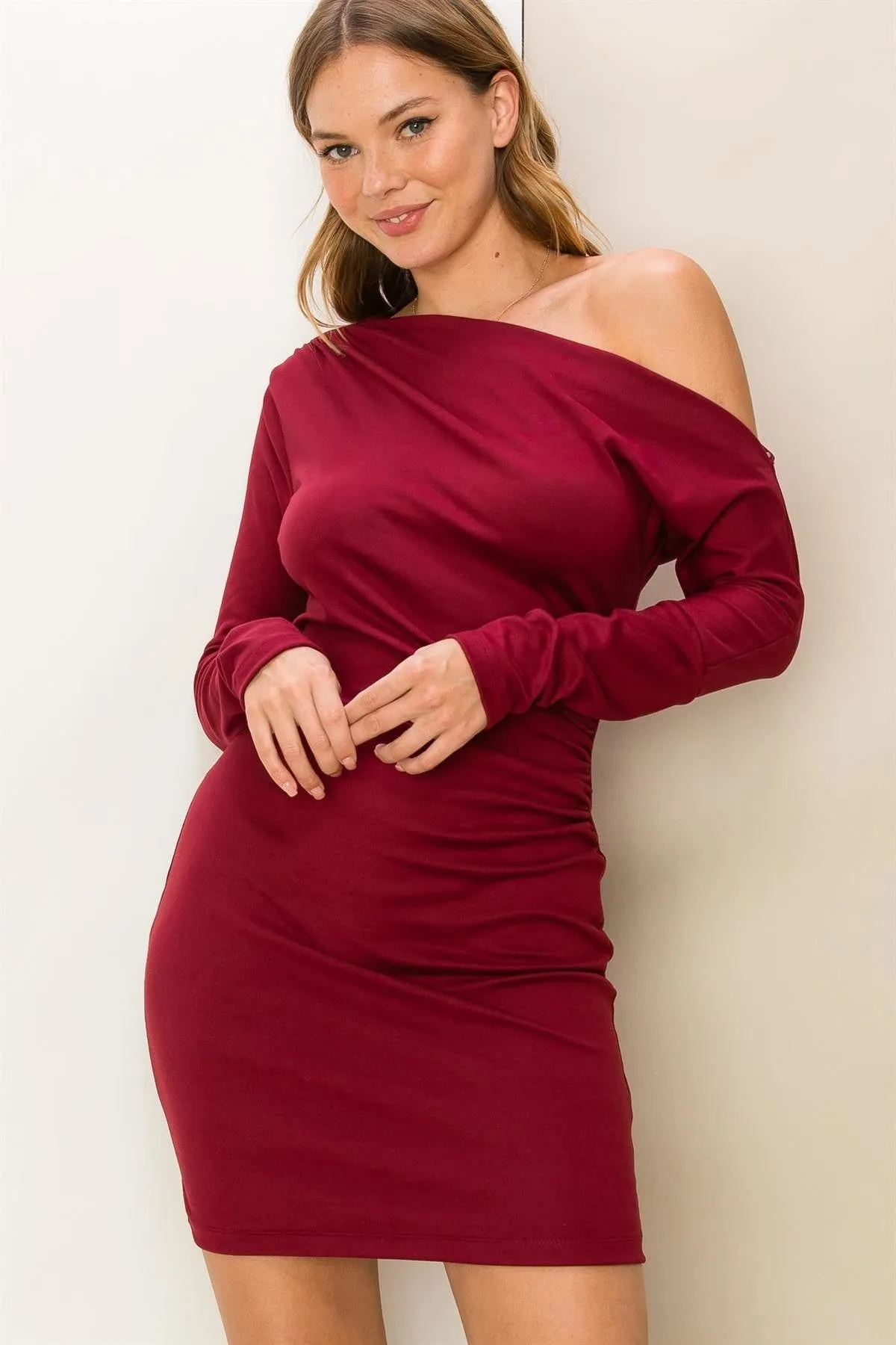 Wine Off the Shoulder Sweater Faux Suede Mini Dress