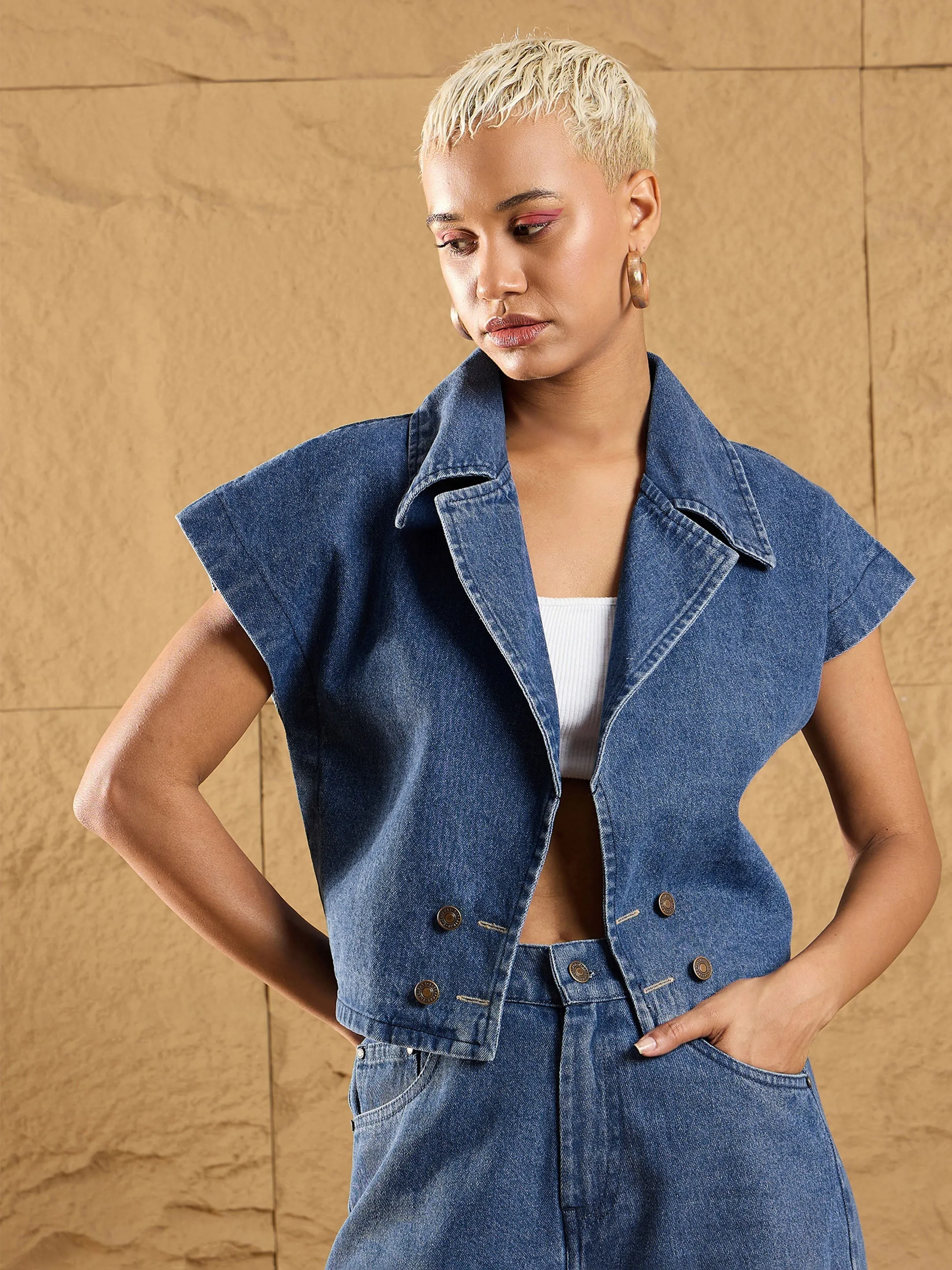 Women Blue Denim Washed Gilet With Straight Fit Jeans