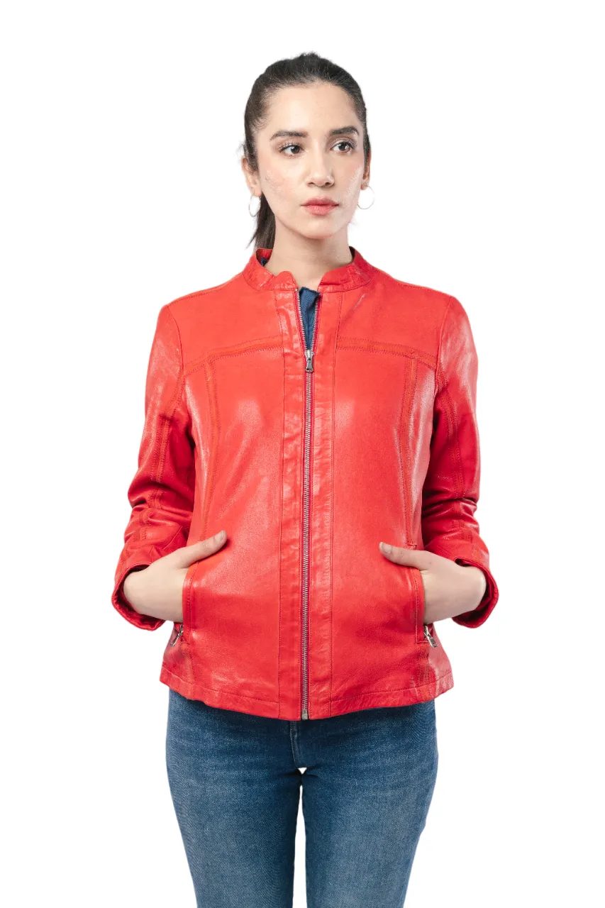 Women Red Leather Jacket Slim Fit Motorcycle Style Fashion Jacket - ELF43