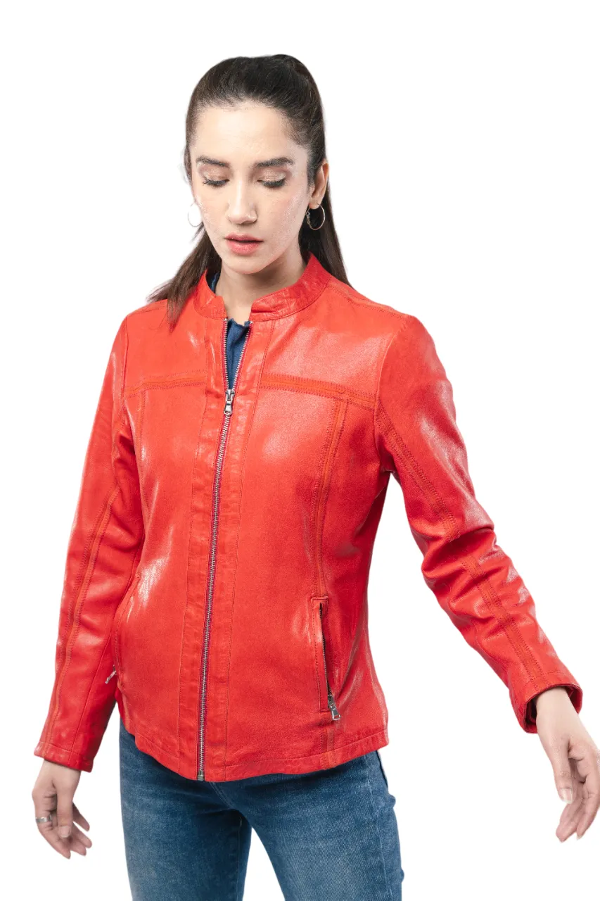 Women Red Leather Jacket Slim Fit Motorcycle Style Fashion Jacket - ELF43