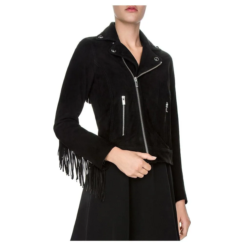 WOMEN SUEDE GENUINE LEATHER FRINGE BIKER JACKET