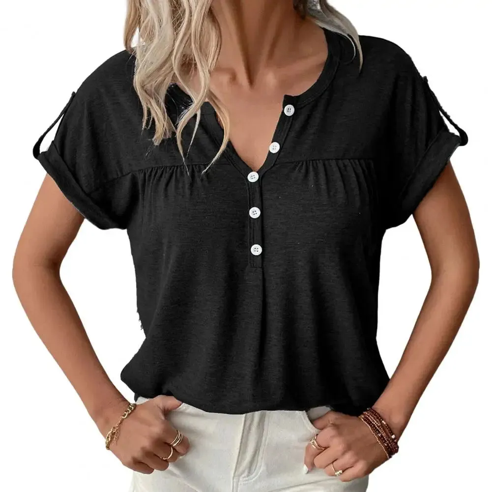 Women T-shirt Ladies V Neck Solid Color Short Sleeve Pullover Blouse