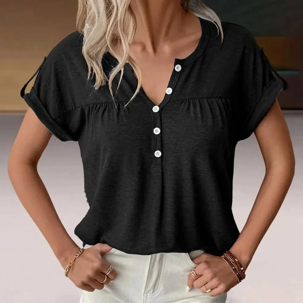 Women T-shirt Ladies V Neck Solid Color Short Sleeve Pullover Blouse