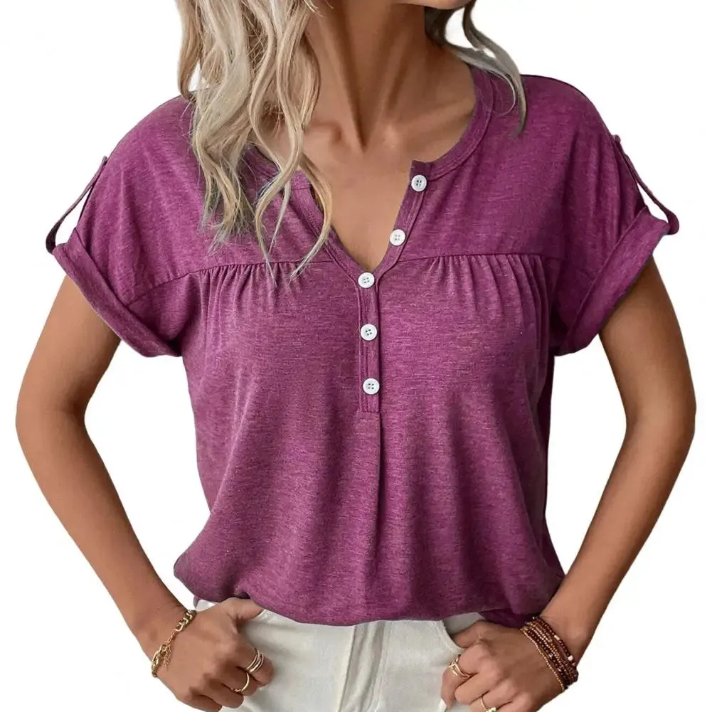 Women T-shirt Ladies V Neck Solid Color Short Sleeve Pullover Blouse