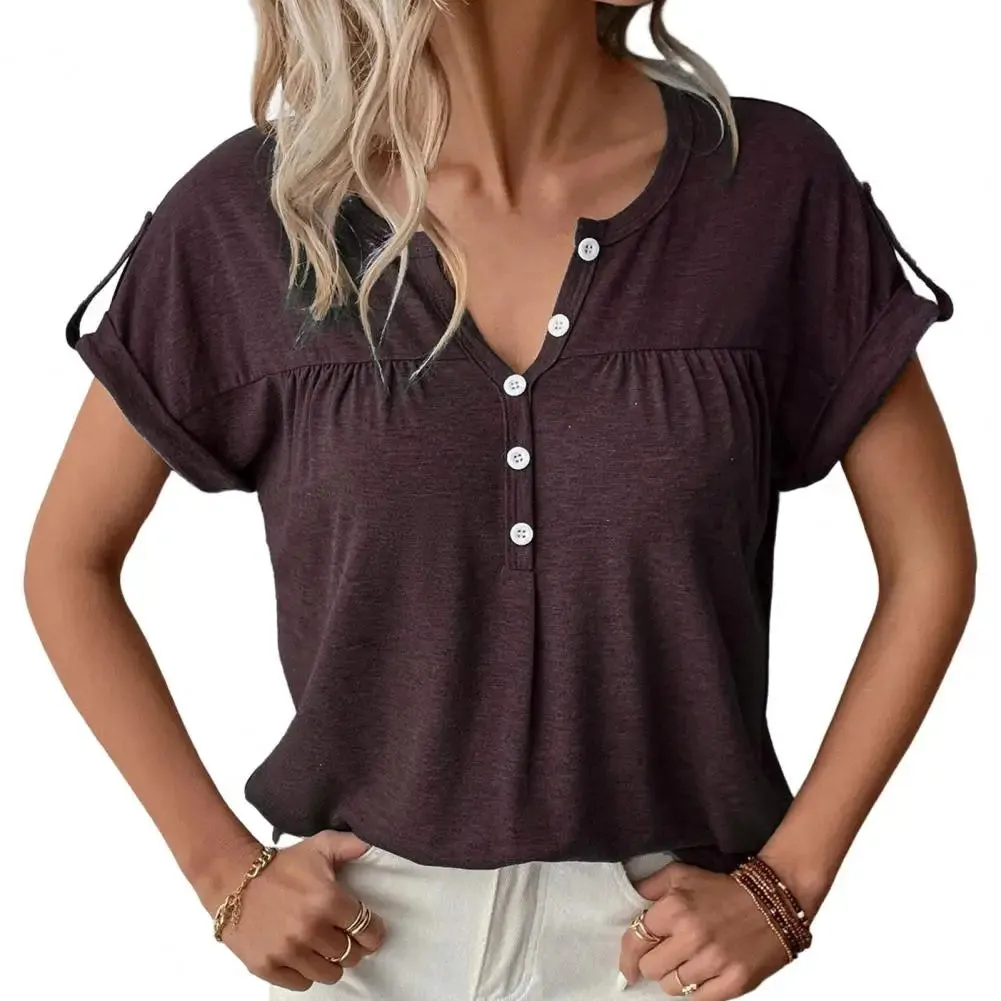 Women T-shirt Ladies V Neck Solid Color Short Sleeve Pullover Blouse