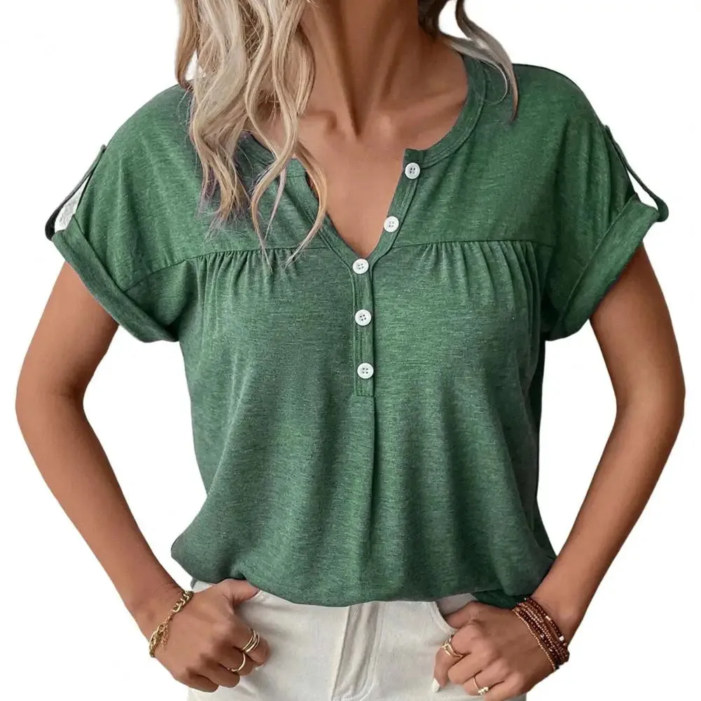 Women T-shirt Ladies V Neck Solid Color Short Sleeve Pullover Blouse