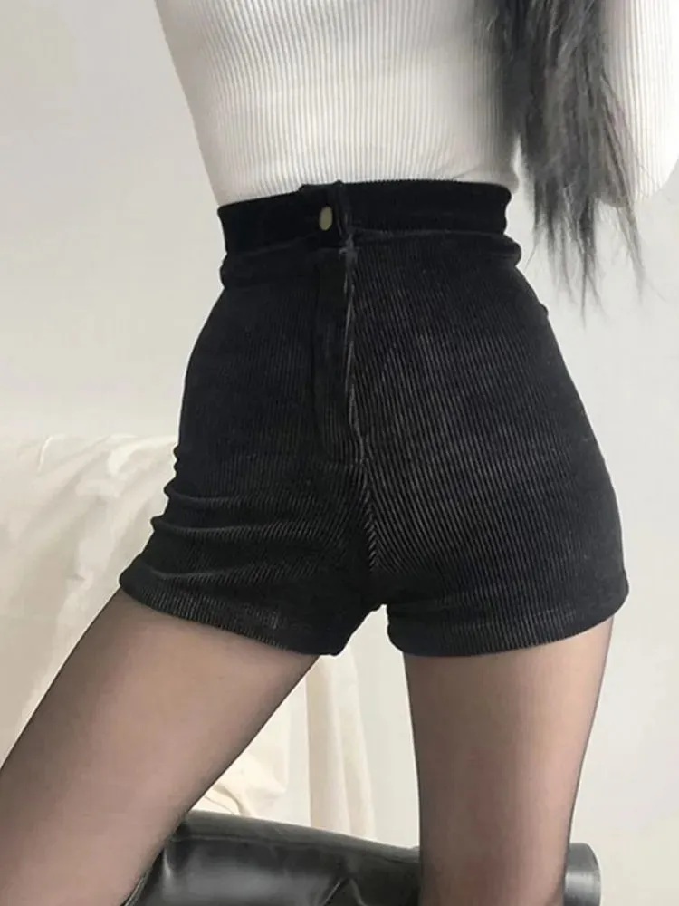 Women's Black Goth Pants Shorts High Waist Spring Autumn Fashion Tight Sexy Stretch Y2K Corduroy Female Casual Pants