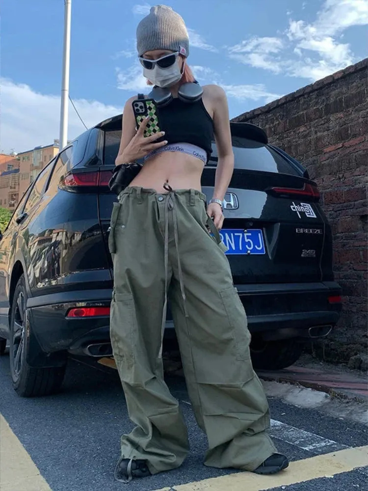 YESMYTOOL  -   Green Women Cargo Pants Parachute Oversize Straight Leg Trousers Low Waist Sweatpants Casual Drawstring Side Pocket Alt