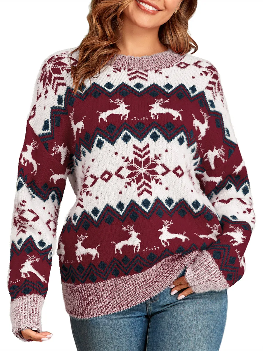 ZAFUL Christmas Sweaters for Women Snowflake Reindeer Long Sleeve Crewneck Oversized Sweater Fuzzy Knitted Pullover Tops