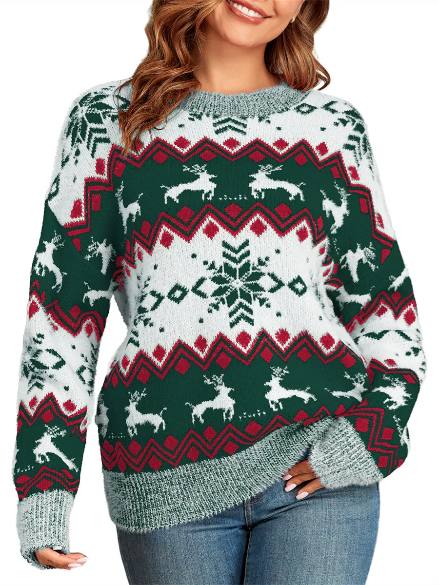 ZAFUL Christmas Sweaters for Women Snowflake Reindeer Long Sleeve Crewneck Oversized Sweater Fuzzy Knitted Pullover Tops